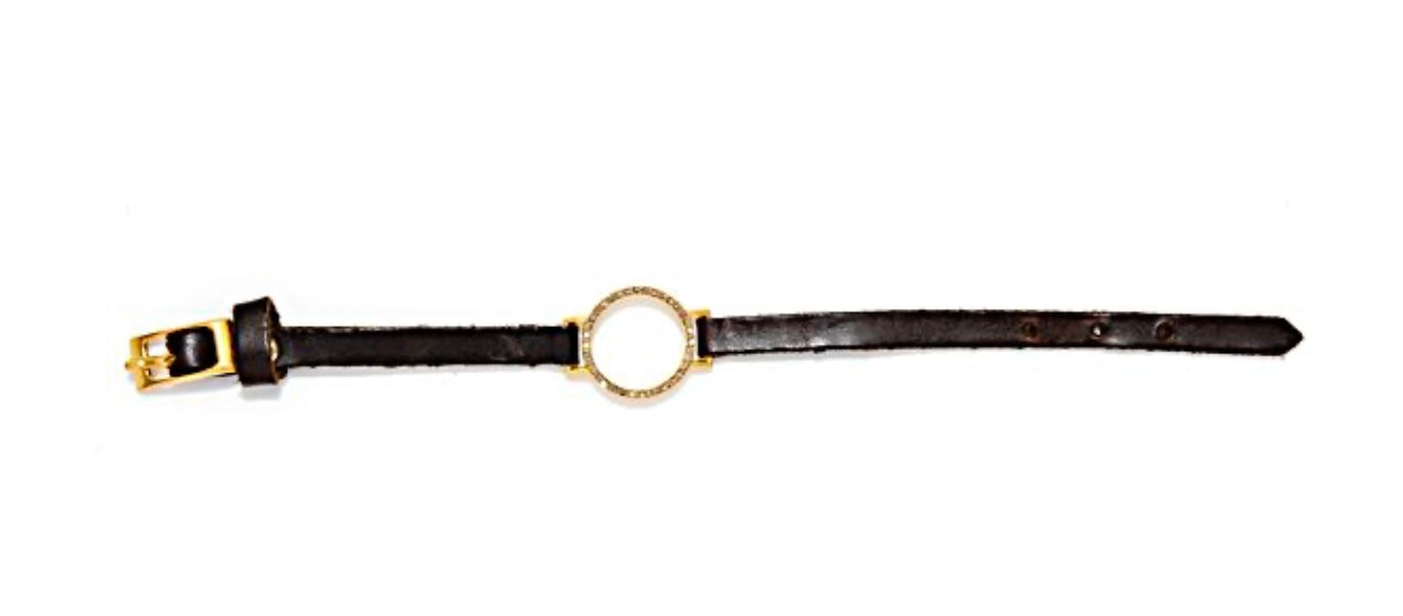 open circle bracelet with skinny leather band features 18K gold plating and vintage brown leather with black diamond crystal accents. Handmade in New York.