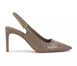 Slingback stiletto heel with buckle on strap in taupe from Vince Camuto.