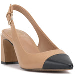 Leather slingback pump heel in tan and black with tapering toe  by Vince Camuto side front profile