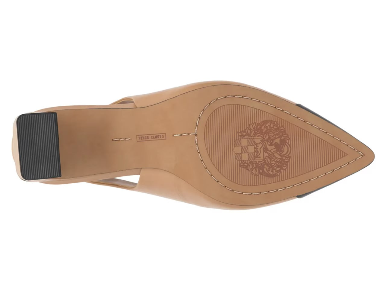 Leather slingback pump heel in tan and black with tapering toe  by Vince Camuto bottom