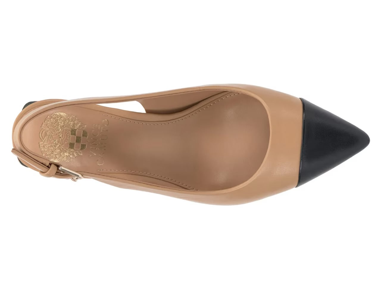 Leather slingback pump heel in tan and black with tapering toe by Vince Camuto top