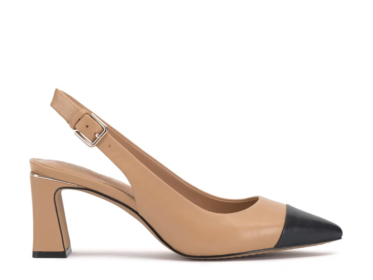 Leather slingback pump heel in tan and black with tapering toe  by Vince Camuto