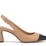 Leather slingback pump heel in tan and black with tapering toe  by Vince Camuto