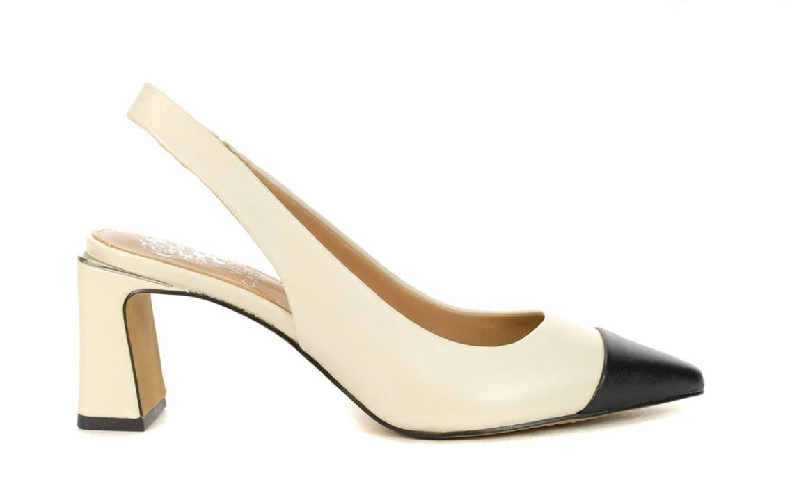 leather sling back pump heel in white and black from Vince Camuto