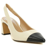 leather sling back pump heel in white and black from Vince Camuto front side profile