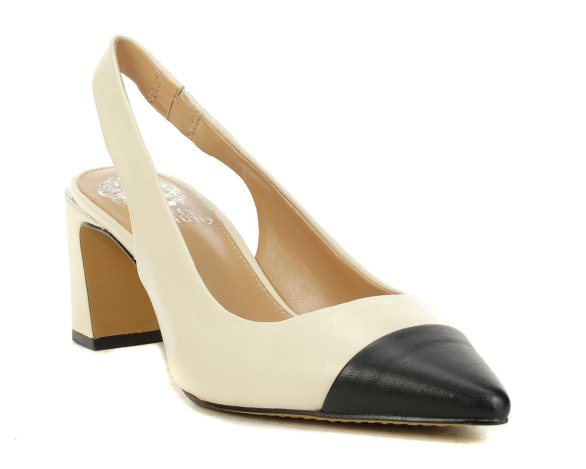 leather sling back pump heel in white and black from Vince Camuto front side profile