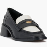 Black and cream colored leather loafer with heel front side profile.
