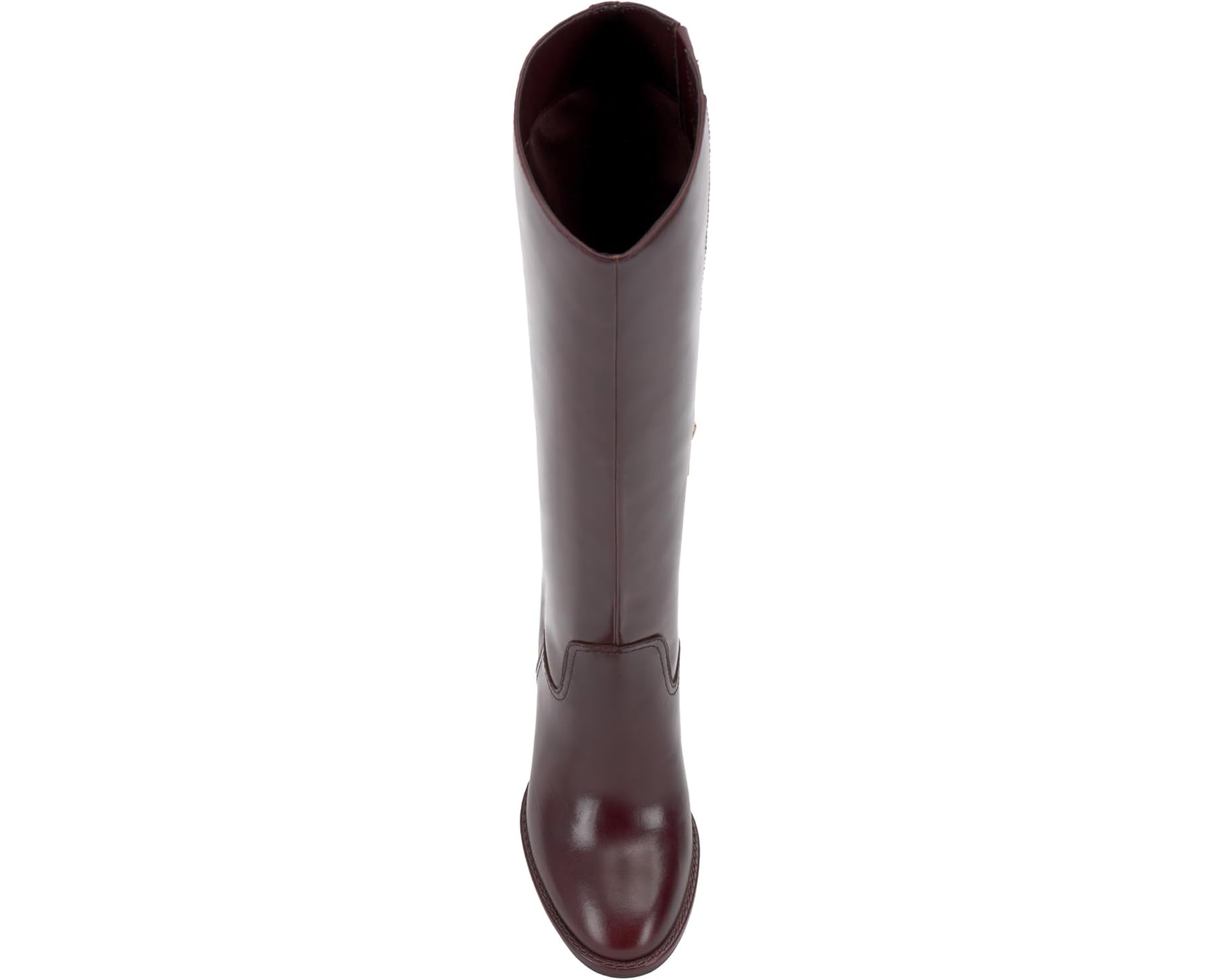 Brown knee-high tall shaft boot with soft round toe and a stacked block heel. Has zippered side closure and elastic inserts on the shaft for improved fit. The boot is lined with fabric and finished on the exterior with a leather-covered welt and rubber outsole top