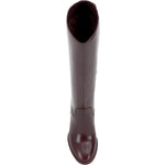 Brown knee-high tall shaft boot with soft round toe and a stacked block heel. Has zippered side closure and elastic inserts on the shaft for improved fit. The boot is lined with fabric and finished on the exterior with a leather-covered welt and rubber outsole top