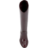 Brown knee-high tall shaft boot with soft round toe and a stacked block heel. Has zippered side closure and elastic inserts on the shaft for improved fit. The boot is lined with fabric and finished on the exterior with a leather-covered welt and rubber outsole top