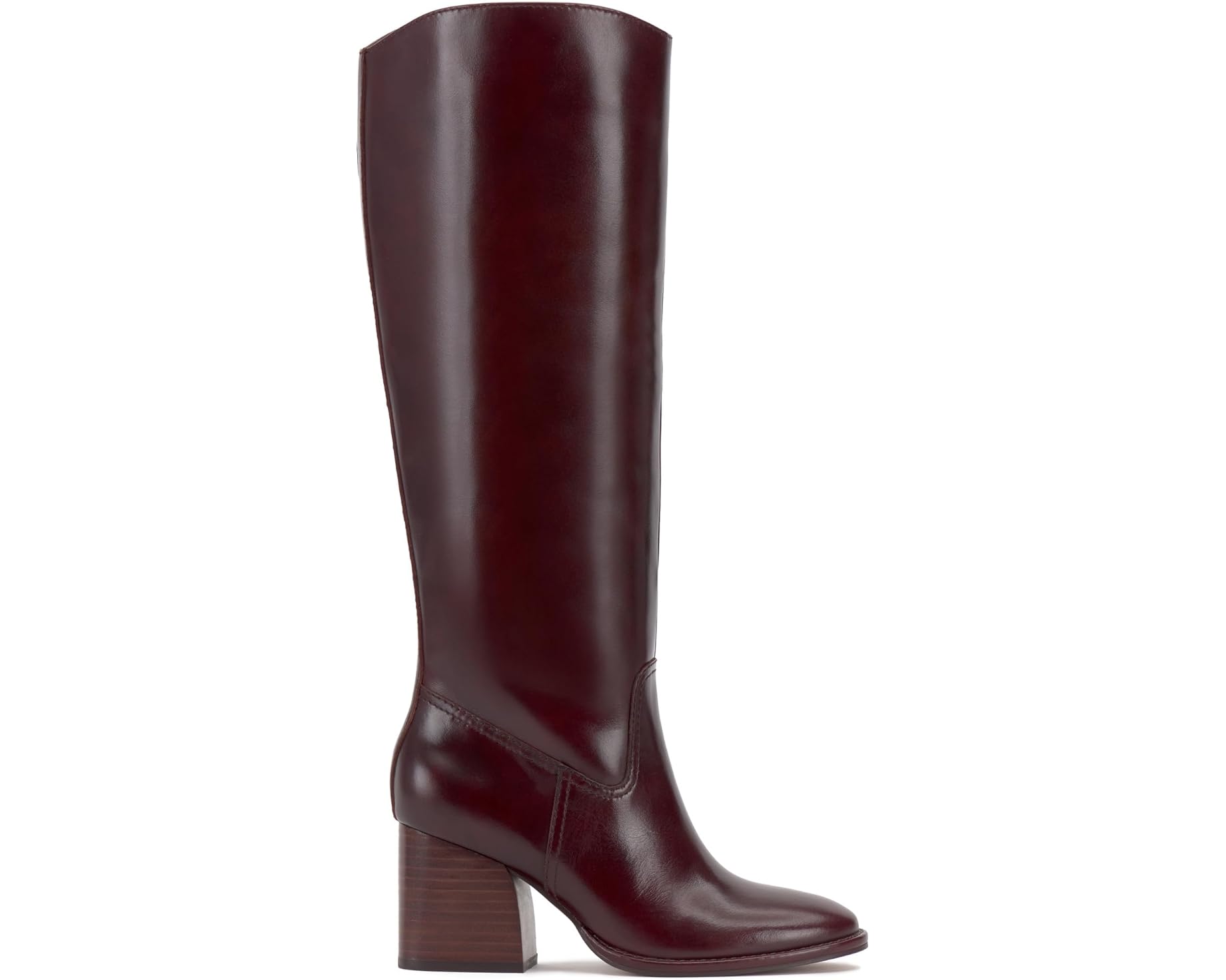 Brown knee-high tall shaft boot with soft round toe and a stacked block heel. Has zippered side closure and elastic inserts on the shaft for improved fit. The boot is lined with fabric and finished on the exterior with a leather-covered welt and rubber outsole.