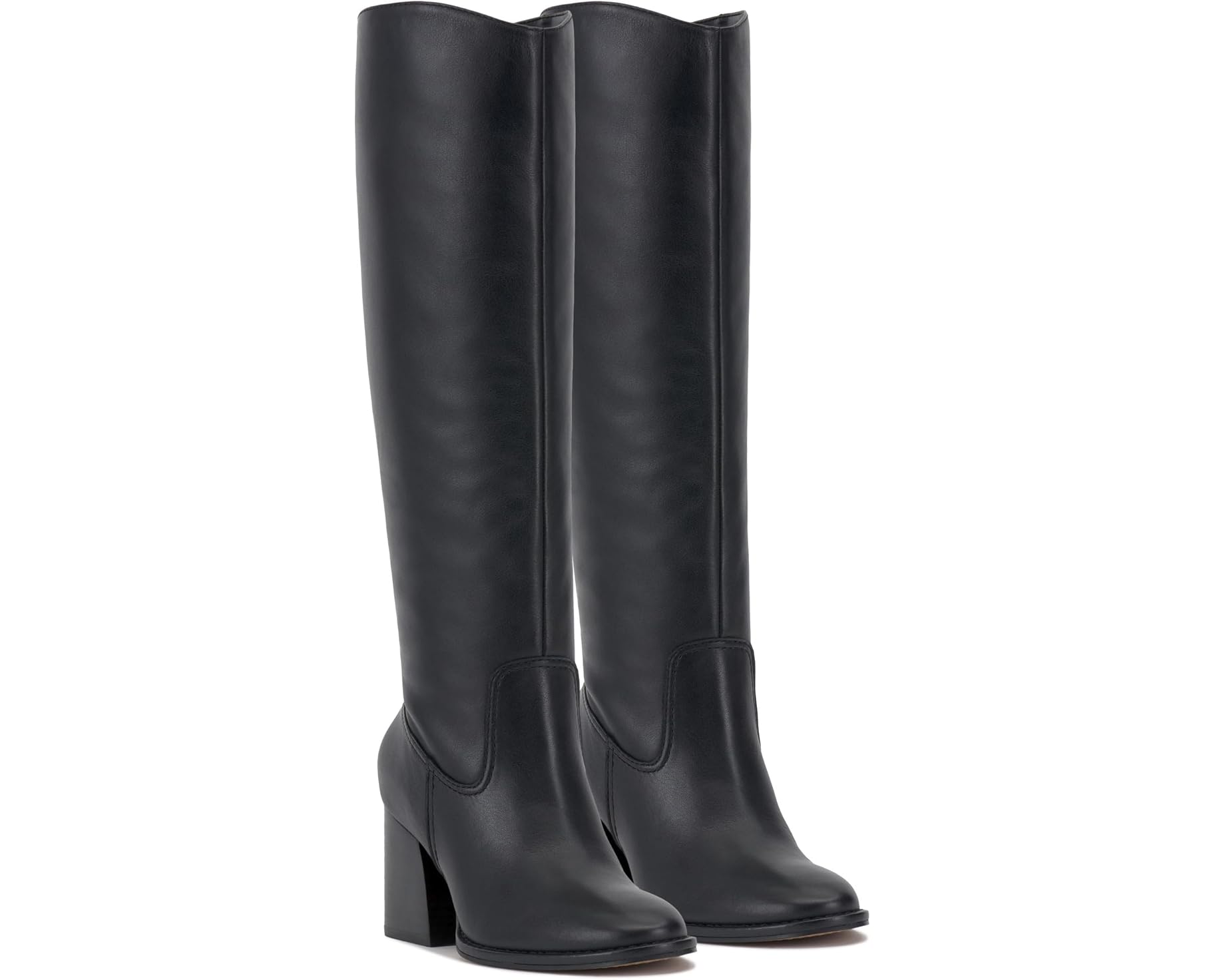 Black knee-high tall shaft boot with soft round toe and a stacked block heel. Has zippered side closure and elastic inserts on the shaft for improved fit. The boot is lined with fabric and finished on the exterior with a leather-covered welt and rubber outsole pair