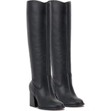 Black knee-high tall shaft boot with soft round toe and a stacked block heel. Has zippered side closure and elastic inserts on the shaft for improved fit. The boot is lined with fabric and finished on the exterior with a leather-covered welt and rubber outsole pair