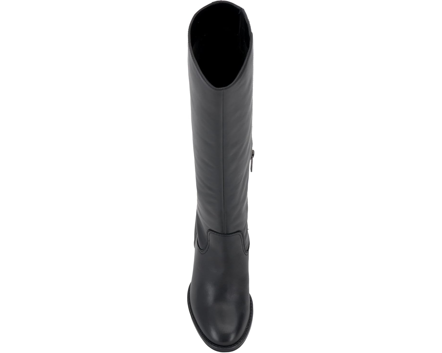 Black knee-high tall shaft boot with soft round toe and a stacked block heel. Has zippered side closure and elastic inserts on the shaft for improved fit. The boot is lined with fabric and finished on the exterior with a leather-covered welt and rubber outsole from top