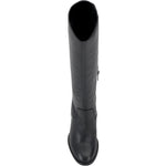 Black knee-high tall shaft boot with soft round toe and a stacked block heel. Has zippered side closure and elastic inserts on the shaft for improved fit. The boot is lined with fabric and finished on the exterior with a leather-covered welt and rubber outsole from top