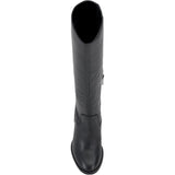 Black knee-high tall shaft boot with soft round toe and a stacked block heel. Has zippered side closure and elastic inserts on the shaft for improved fit. The boot is lined with fabric and finished on the exterior with a leather-covered welt and rubber outsole from top