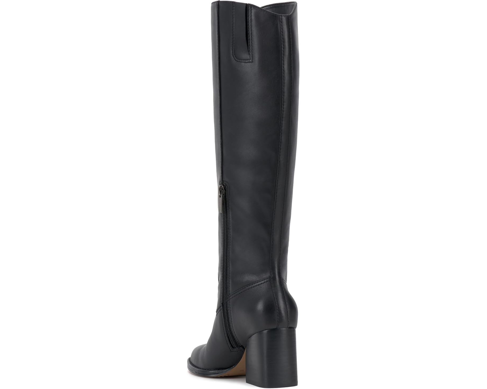 Black knee-high tall shaft boot with soft round toe and a stacked block heel. Has zippered side closure and elastic inserts on the shaft for improved fit. The boot is lined with fabric and finished on the exterior with a leather-covered welt and rubber outsole back side