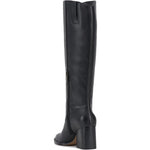 Black knee-high tall shaft boot with soft round toe and a stacked block heel. Has zippered side closure and elastic inserts on the shaft for improved fit. The boot is lined with fabric and finished on the exterior with a leather-covered welt and rubber outsole back side