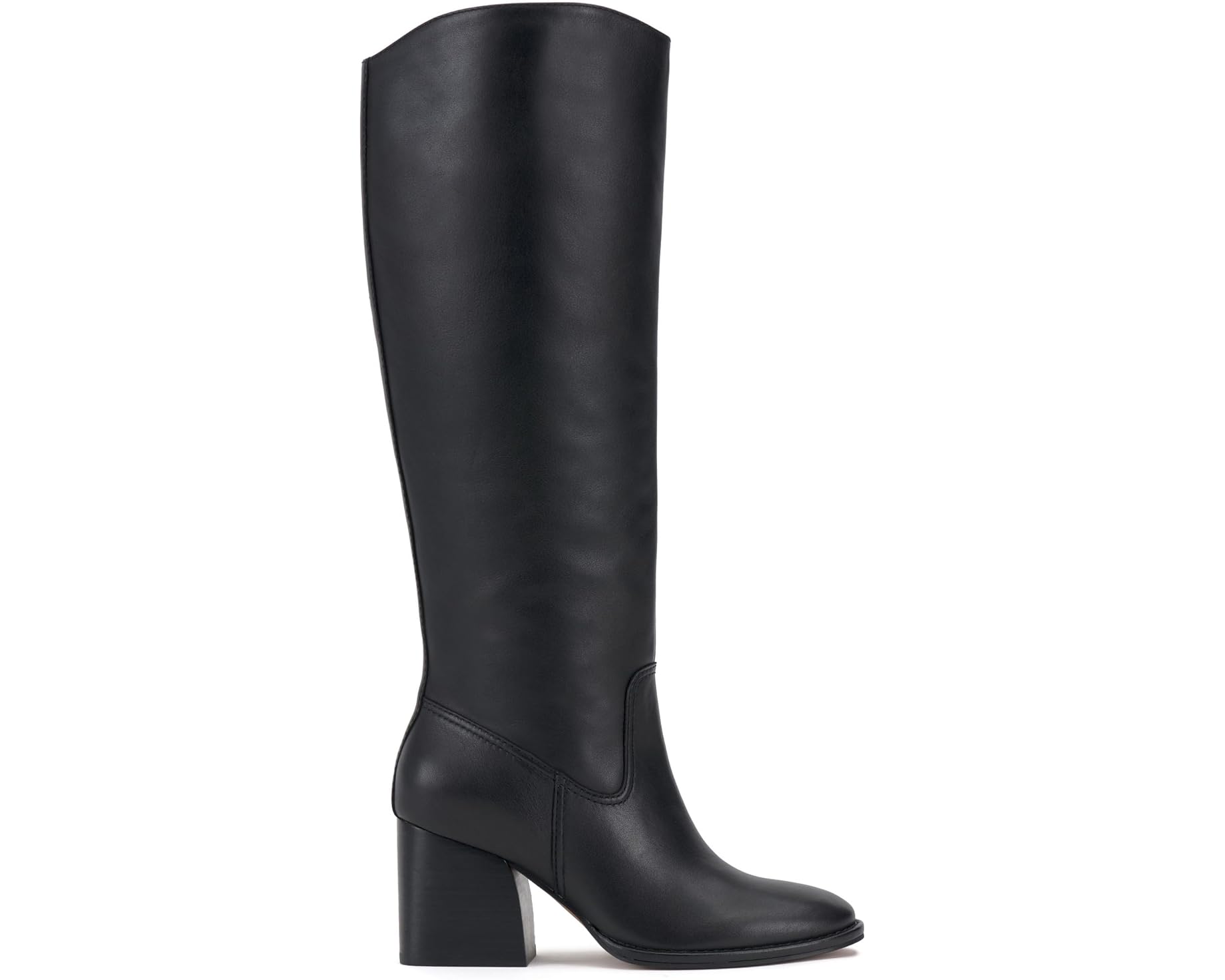 Black knee-high tall shaft boot with soft round toe and a stacked block heel. Has zippered side closure and elastic inserts on the shaft for improved fit. The boot is lined with fabric and finished on the exterior with a leather-covered welt and rubber outsole.