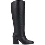 Black knee-high tall shaft boot with soft round toe and a stacked block heel. Has zippered side closure and elastic inserts on the shaft for improved fit. The boot is lined with fabric and finished on the exterior with a leather-covered welt and rubber outsole.