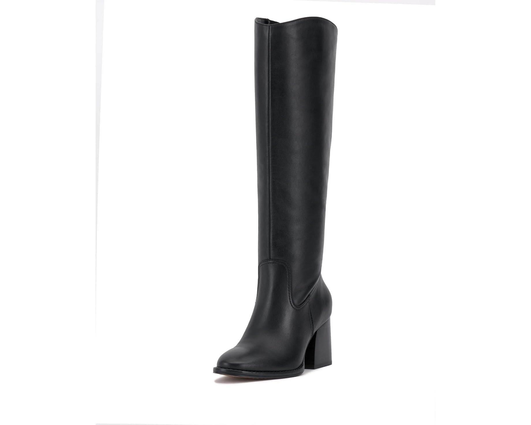 Black knee-high tall shaft boot with soft round toe and a stacked block heel. Has zippered side closure and elastic inserts on the shaft for improved fit. The boot is lined with fabric and finished on the exterior with a leather-covered welt and rubber outsole front side profile