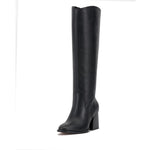 Black knee-high tall shaft boot with soft round toe and a stacked block heel. Has zippered side closure and elastic inserts on the shaft for improved fit. The boot is lined with fabric and finished on the exterior with a leather-covered welt and rubber outsole front side profile