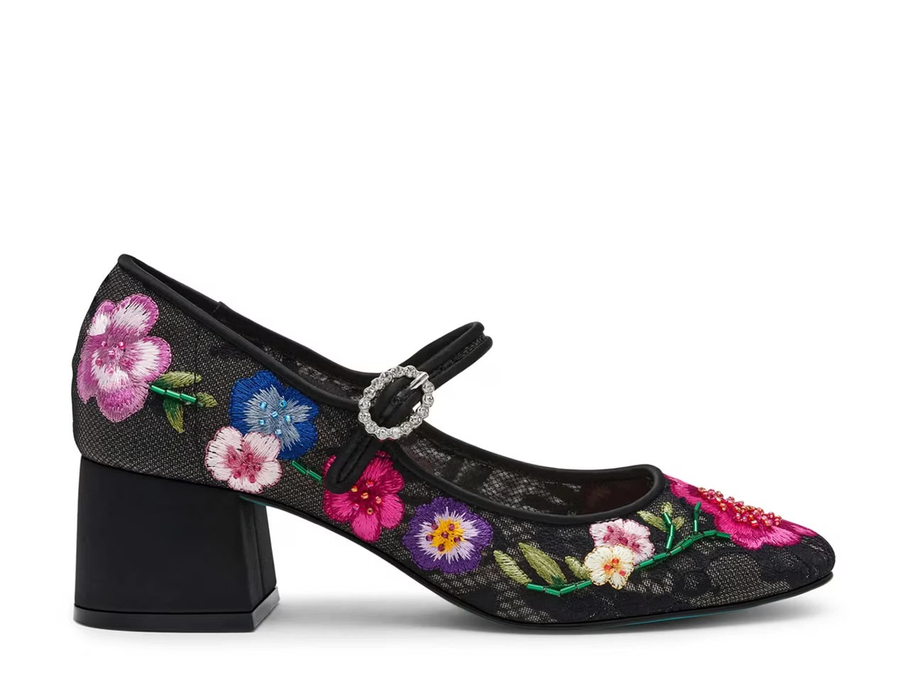black mary jane pump heel mesh shoe with colorful flower embroidery detail and rhinestone encrusted buckle by Betsey Johnson