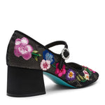black mary jane pump heel mesh shoe with colorful flower embroidery detail and rhinestone encrusted buckle by Betsey Johnson side back