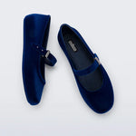 Melissa Soft Ballerina Velvet flat in deep blue. This classic women's ballet flat features a flocked finish, mimicking velvet, a fun bubblegum scent, adjustable buckle strap, an rounded toe top side profile.