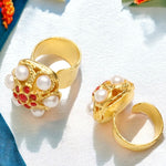 Gold rings with round top and pearl like beading with red stone accents