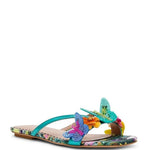Colorful sandal with teal thong strap and butterfly embellishments front view
