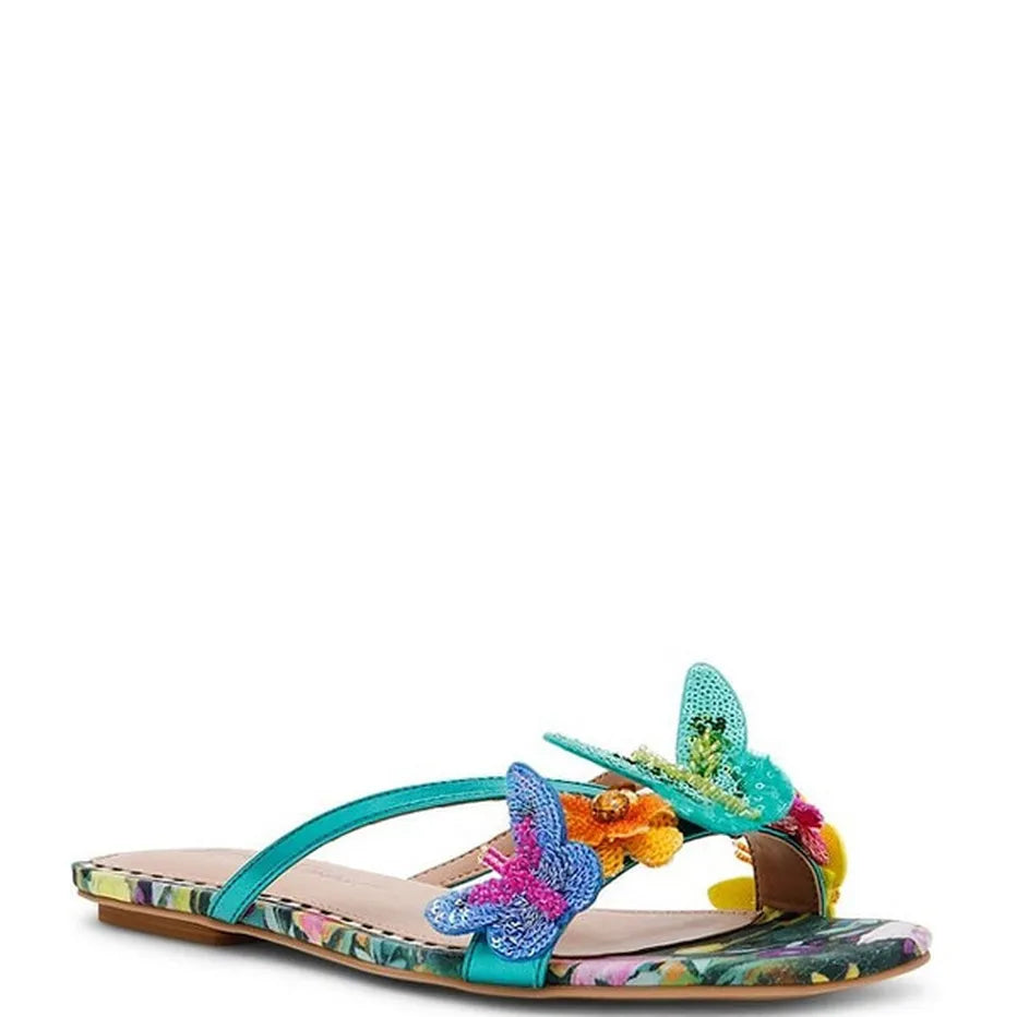 Colorful sandal with teal thong strap and butterfly embellishments front view