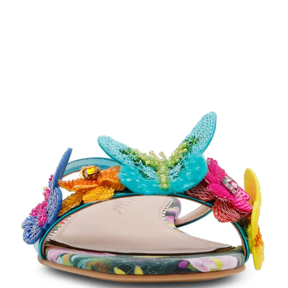 Colorful sandal with teal thong strap and butterfly embellishments toe box