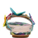 Colorful sandal with teal thong strap and butterfly embellishments heel view