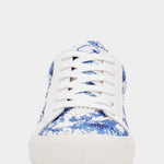 Blue and white patterned sneaker on a white background