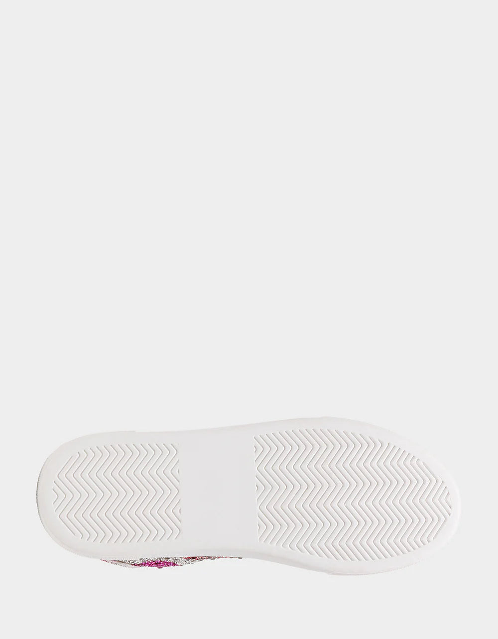 Close-up of a white sneaker sole with a patterned shoe visible at the edge on a light gray background.