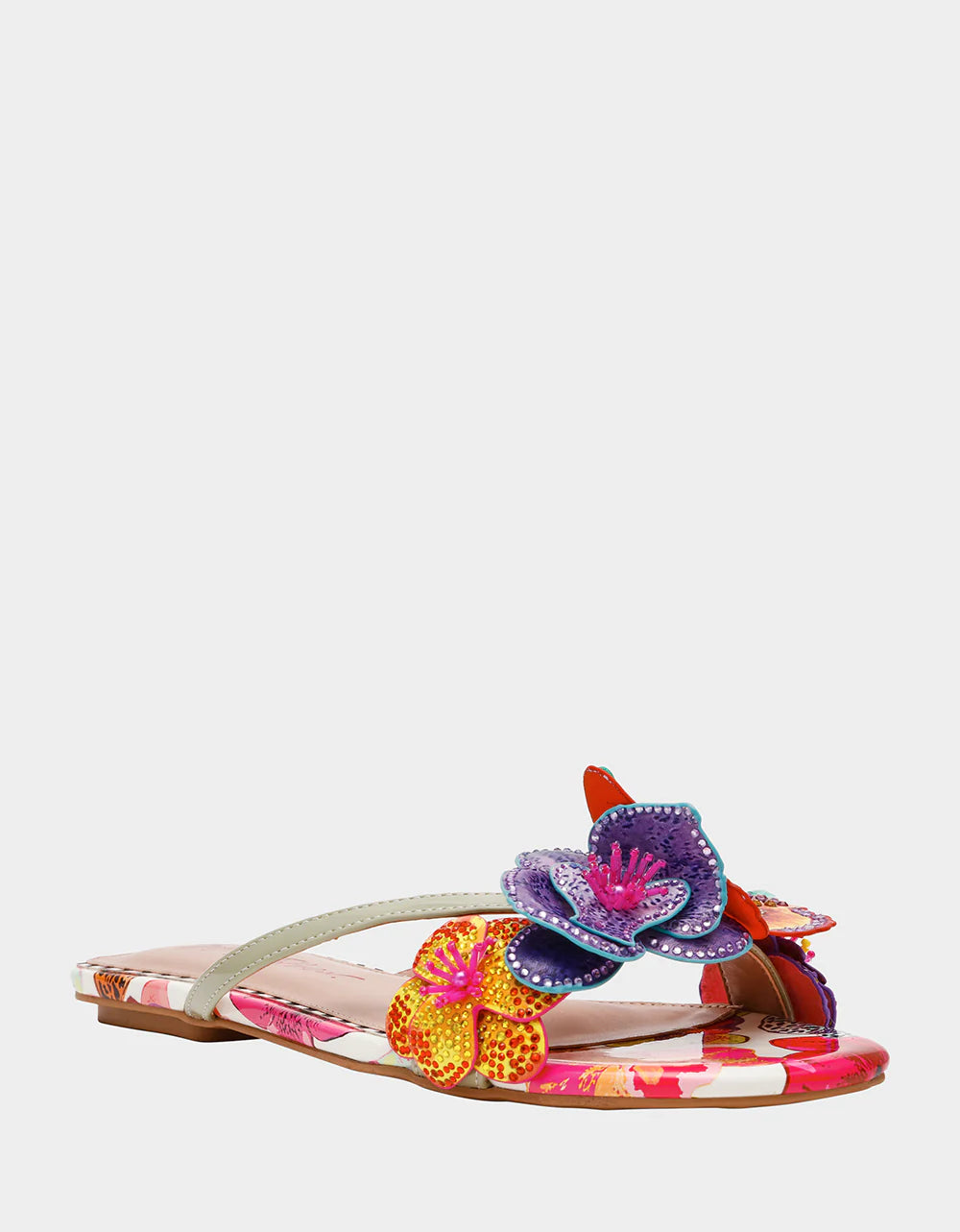 Colorful sandal with gold thong strap and butterfly embellishments front view