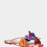 Colorful sandal with gold thong strap and butterfly embellishments front view