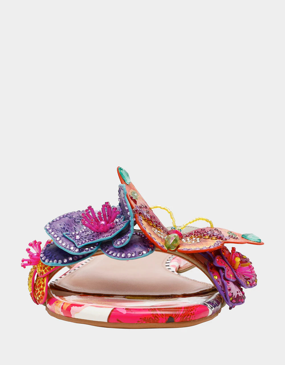 Colorful sandal with gold thong strap and butterfly embellishments toe box