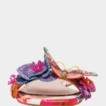 Colorful sandal with gold thong strap and butterfly embellishments toe box