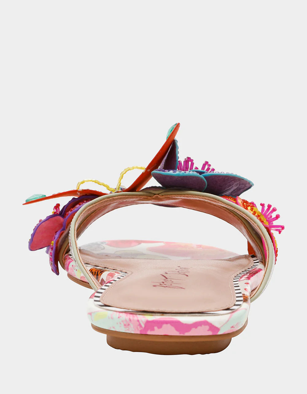 Colorful sandal with gold thong strap and butterfly embellishments heel view