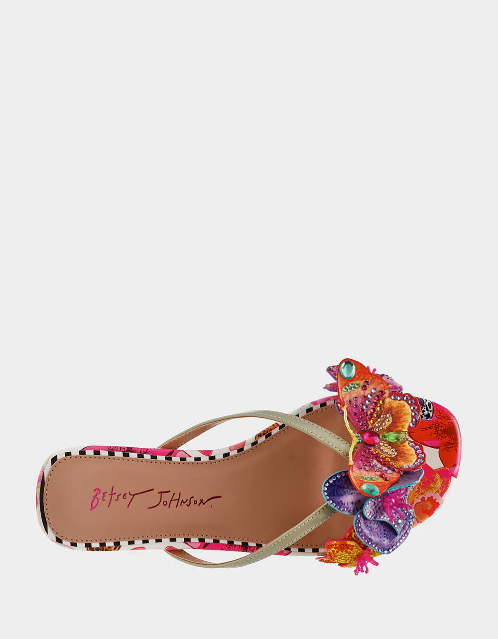Colorful sandal with gold thong strap and butterfly embellishments top view