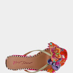 Colorful sandal with gold thong strap and butterfly embellishments top view