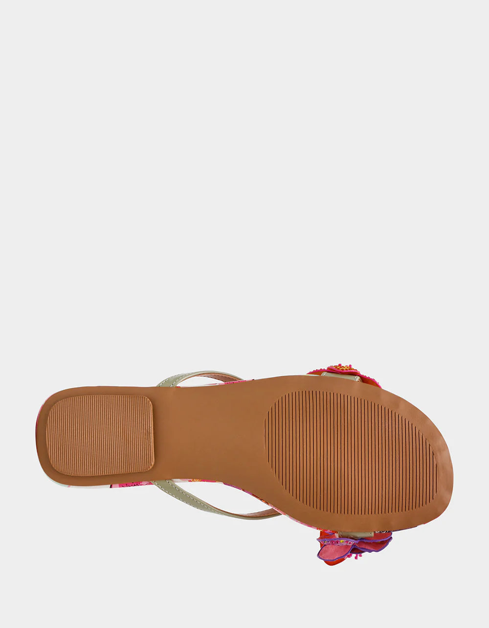 Colorful sandal with gold thong strap and butterfly embellishments sole