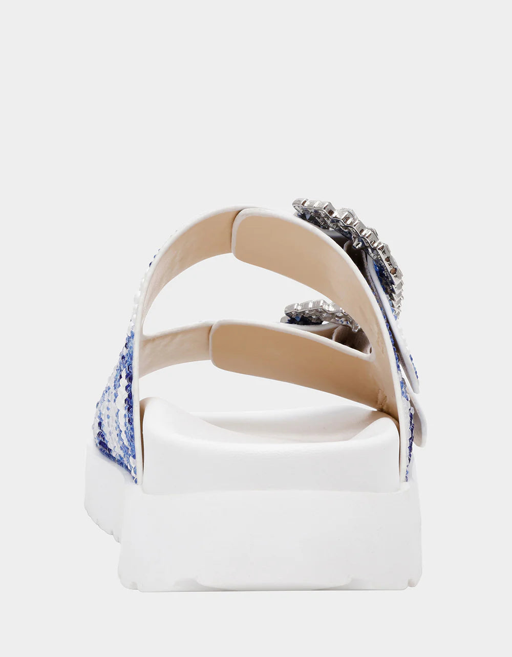 White sandal with blue bejeweled floral pattern and embellishments heel view