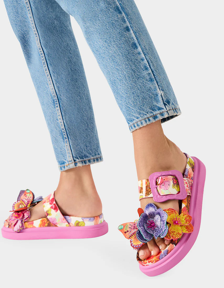 Colorful pink sandal with floral design and embellishments model