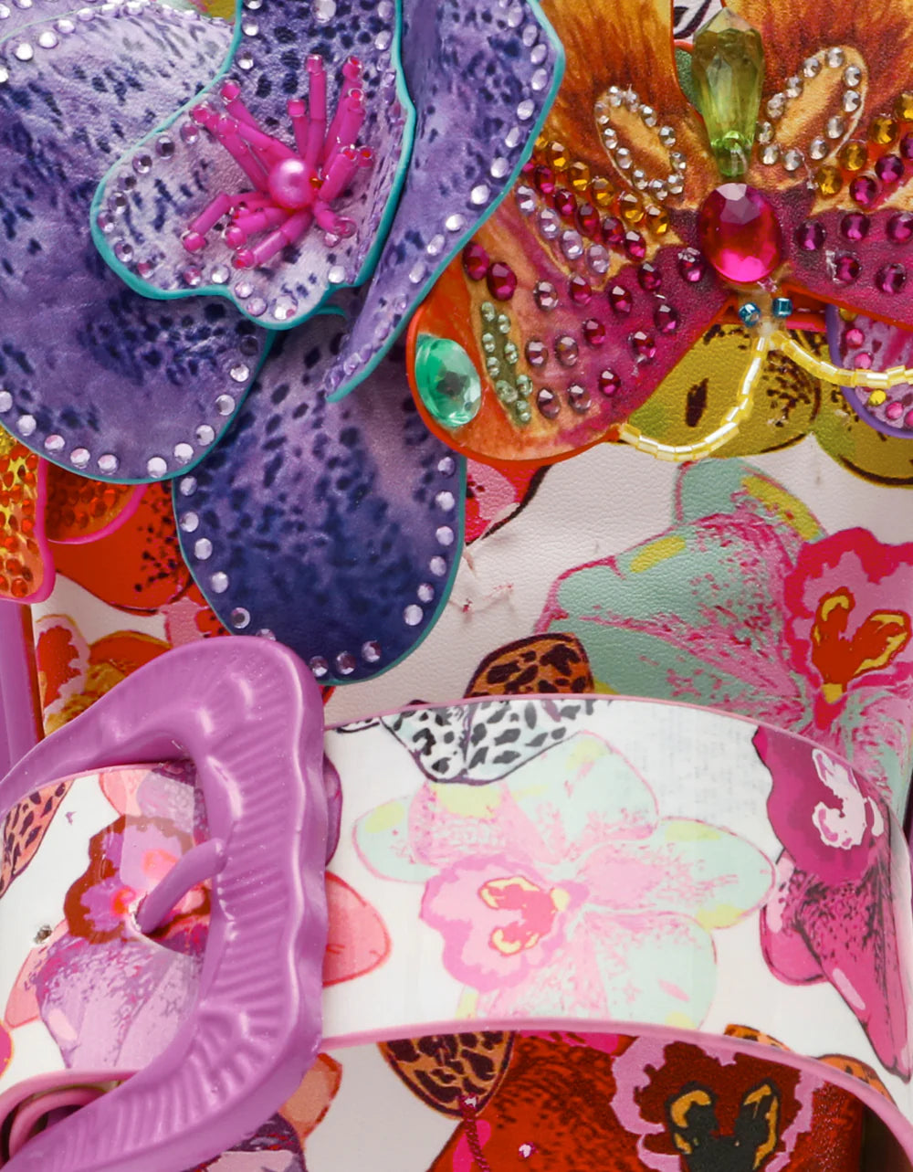 Colorful pink sandal with floral design and embellishments design