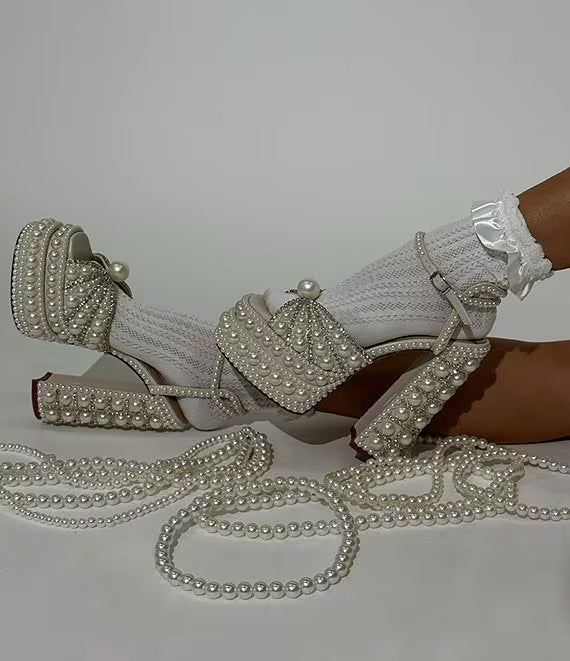Elegant high-heeled shoe with pearl embellishments model 3