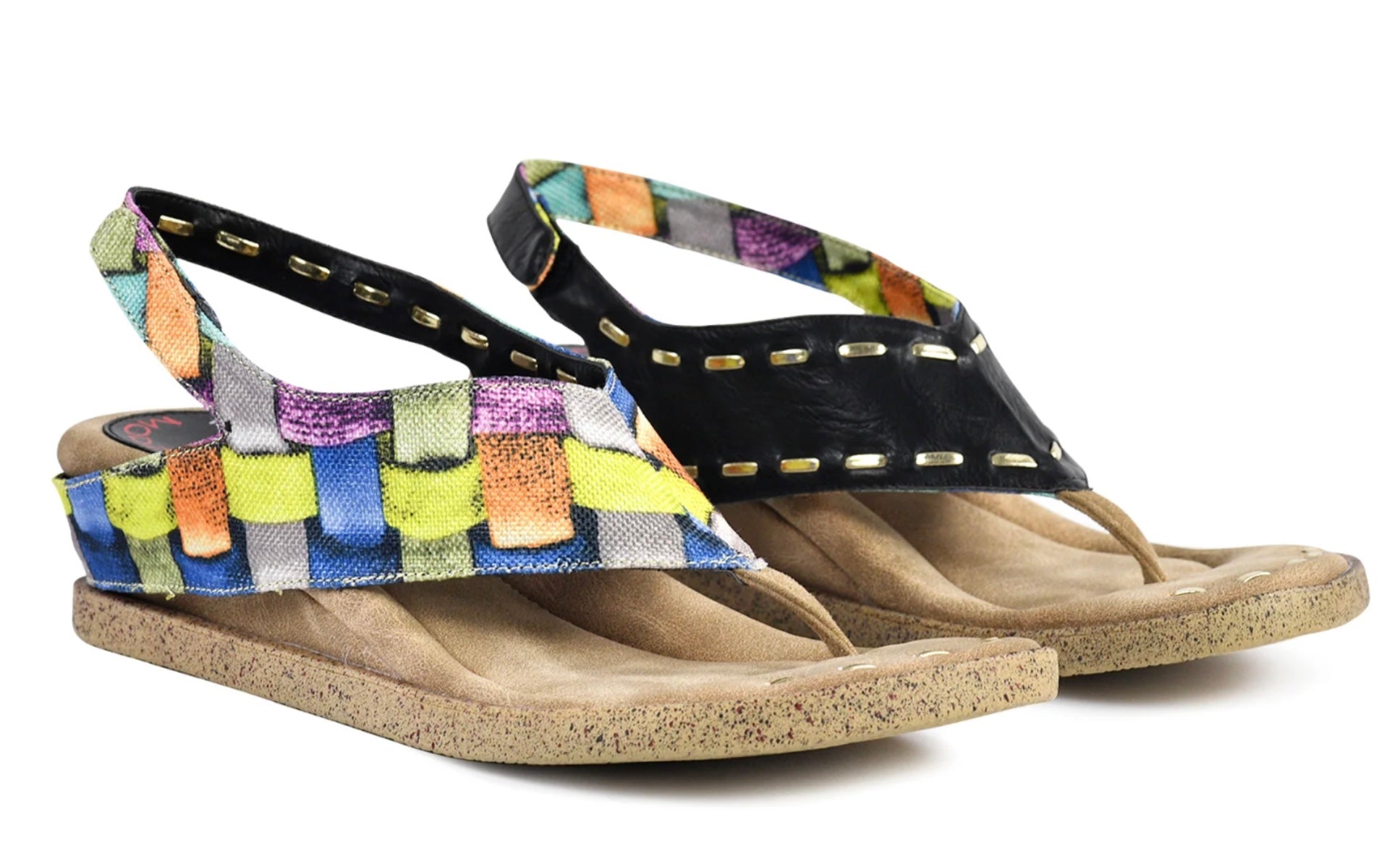Colorful woven sandal with a black strap close-up