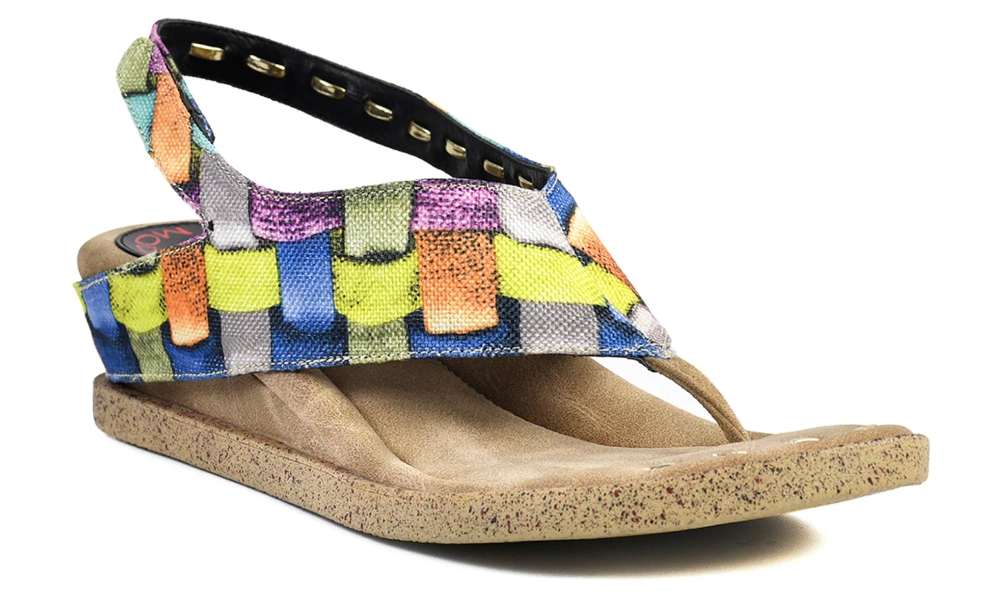 Colorful woven sandal with a black strap close-up front view